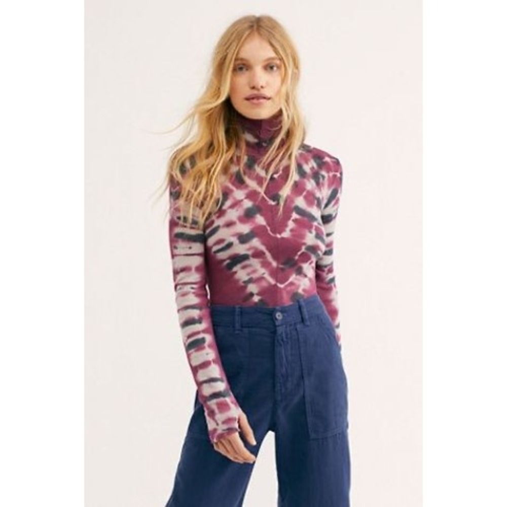 We The Free People Tie Dye Turtleneck Top Purple Gray Thumbhole Lightweight XS